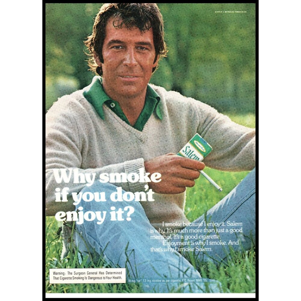 1975 Salem Cigarettes Vintage Print Ad Man in Field Denim Sweater 70s Wall Art
